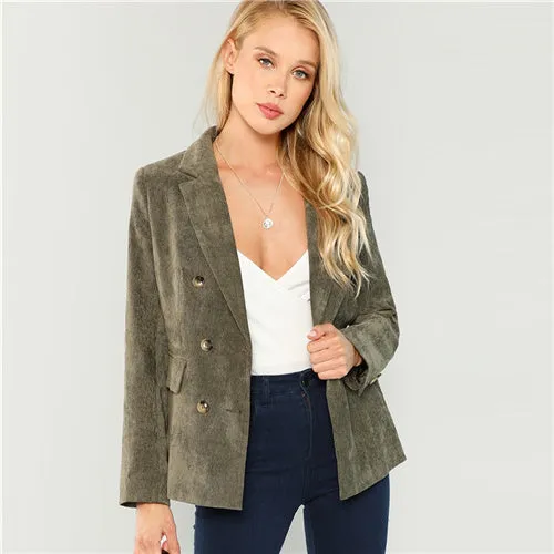 Army Green Office Lady Highstreet Double Breasted Notched Neck Solid Fashion Blazer