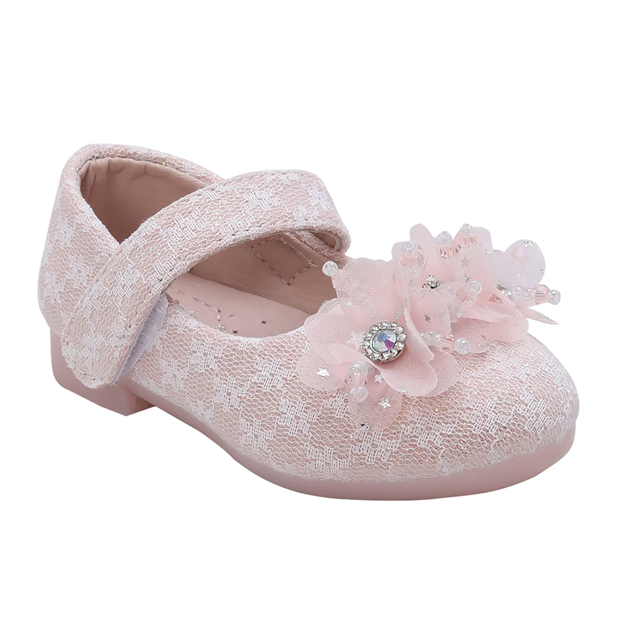 Baby Moo Rhinestone Floral Applique Lace Mary Jane Velcro Strap Anti-Skid Ballerina Shoes - Pink