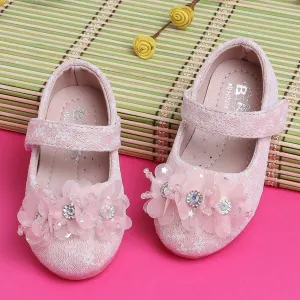 Baby Moo Rhinestone Floral Applique Lace Mary Jane Velcro Strap Anti-Skid Ballerina Shoes - Pink