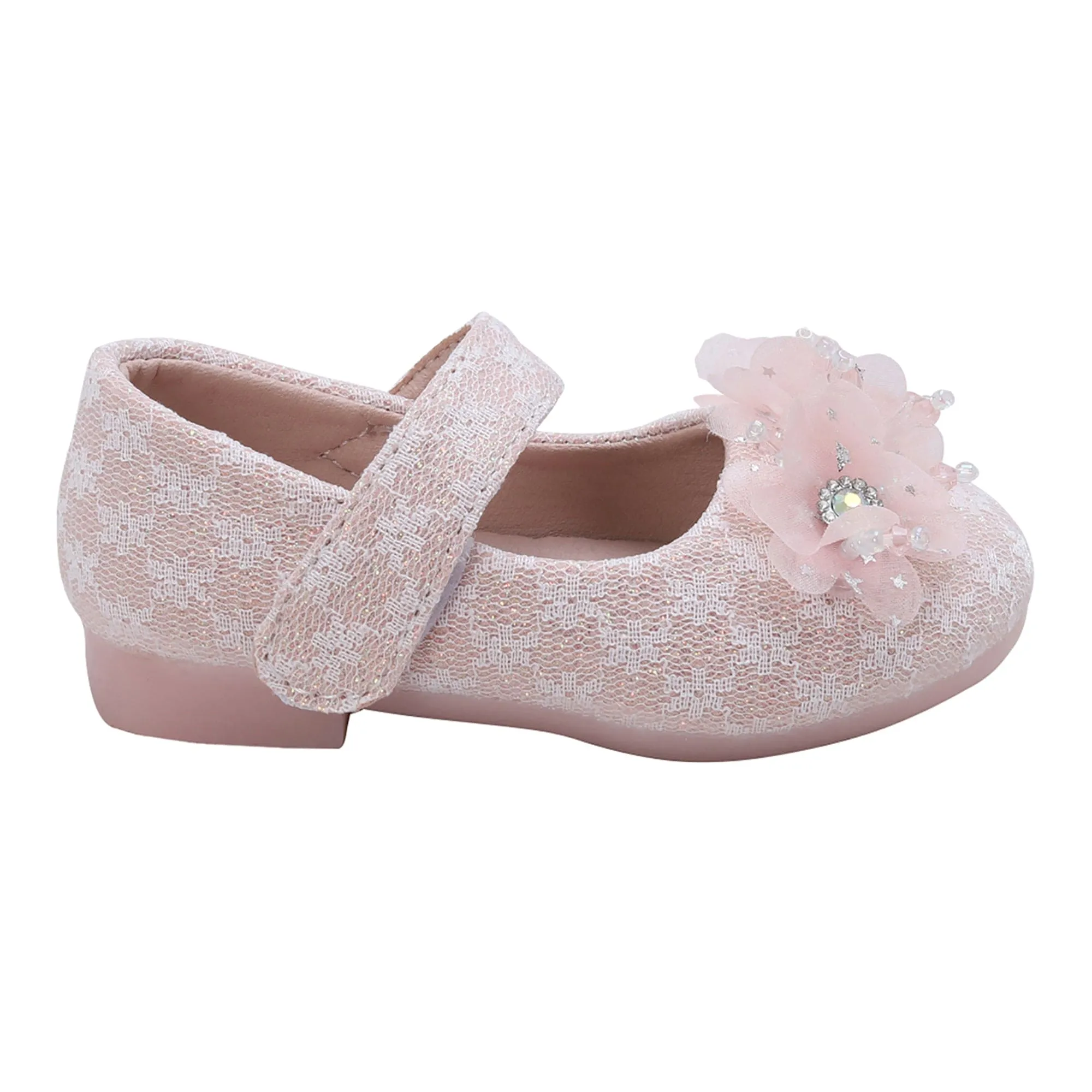 Baby Moo Rhinestone Floral Applique Lace Mary Jane Velcro Strap Anti-Skid Ballerina Shoes - Pink