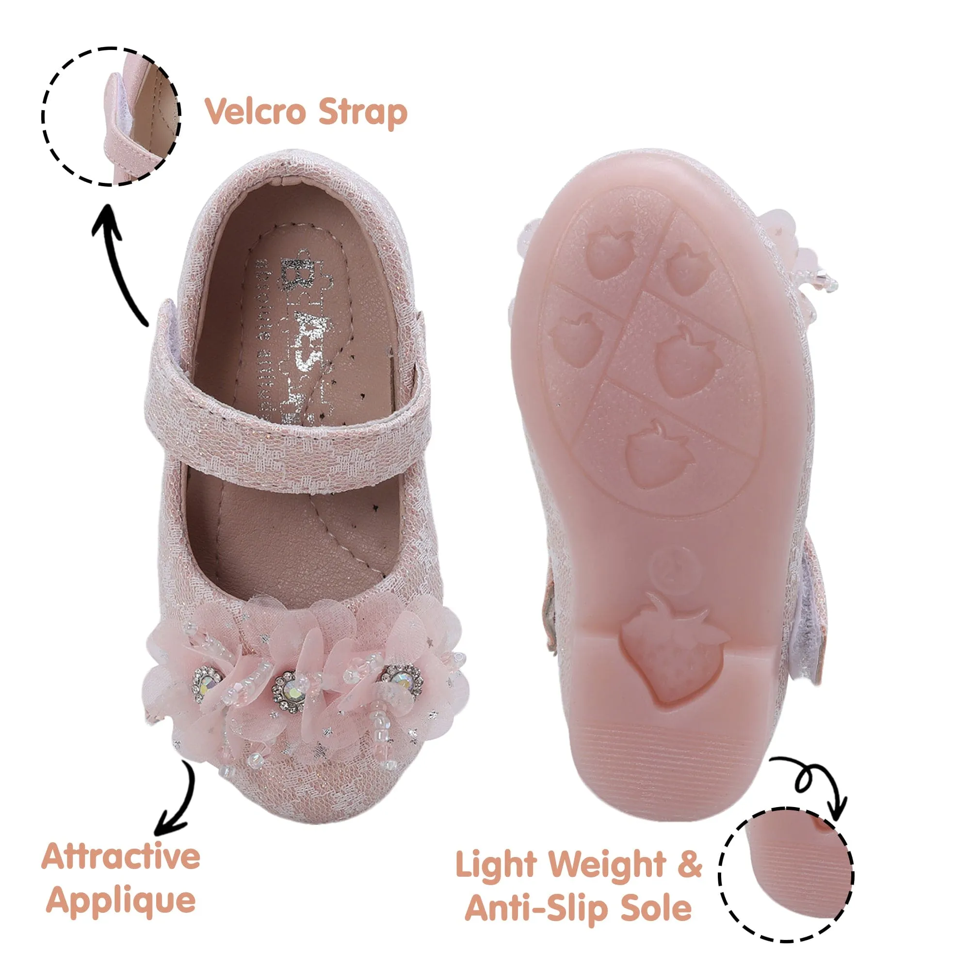 Baby Moo Rhinestone Floral Applique Lace Mary Jane Velcro Strap Anti-Skid Ballerina Shoes - Pink