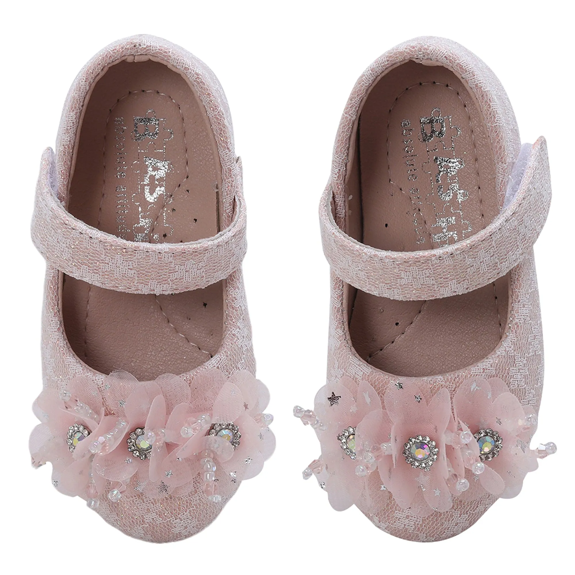 Baby Moo Rhinestone Floral Applique Lace Mary Jane Velcro Strap Anti-Skid Ballerina Shoes - Pink