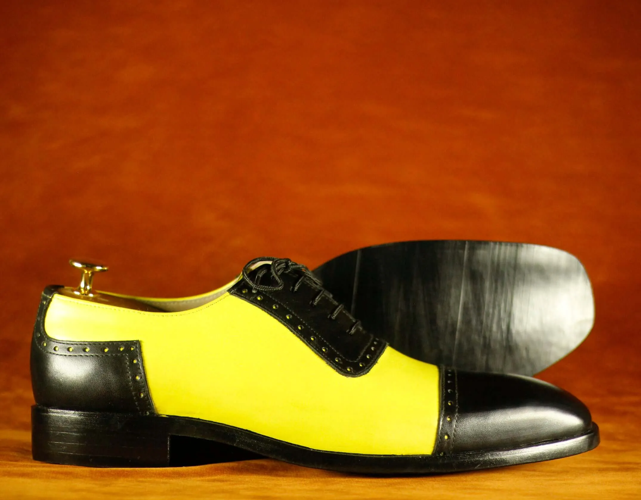 Bespoke Black Yellow Cap Toe Lace Up Leather Shoes,Men's Party Shoes