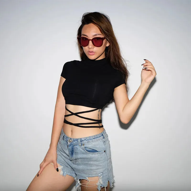 Black Bandage Crop Top - Short Sleeve Tee for Women