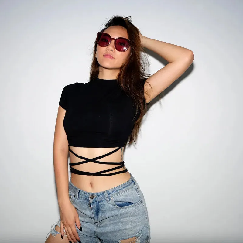 Black Bandage Crop Top - Short Sleeve Tee for Women