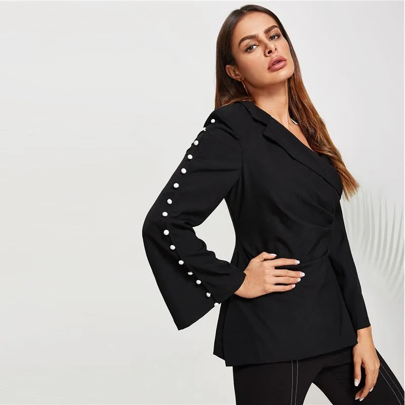 Black Notch Collar Solid Wrap Blazer