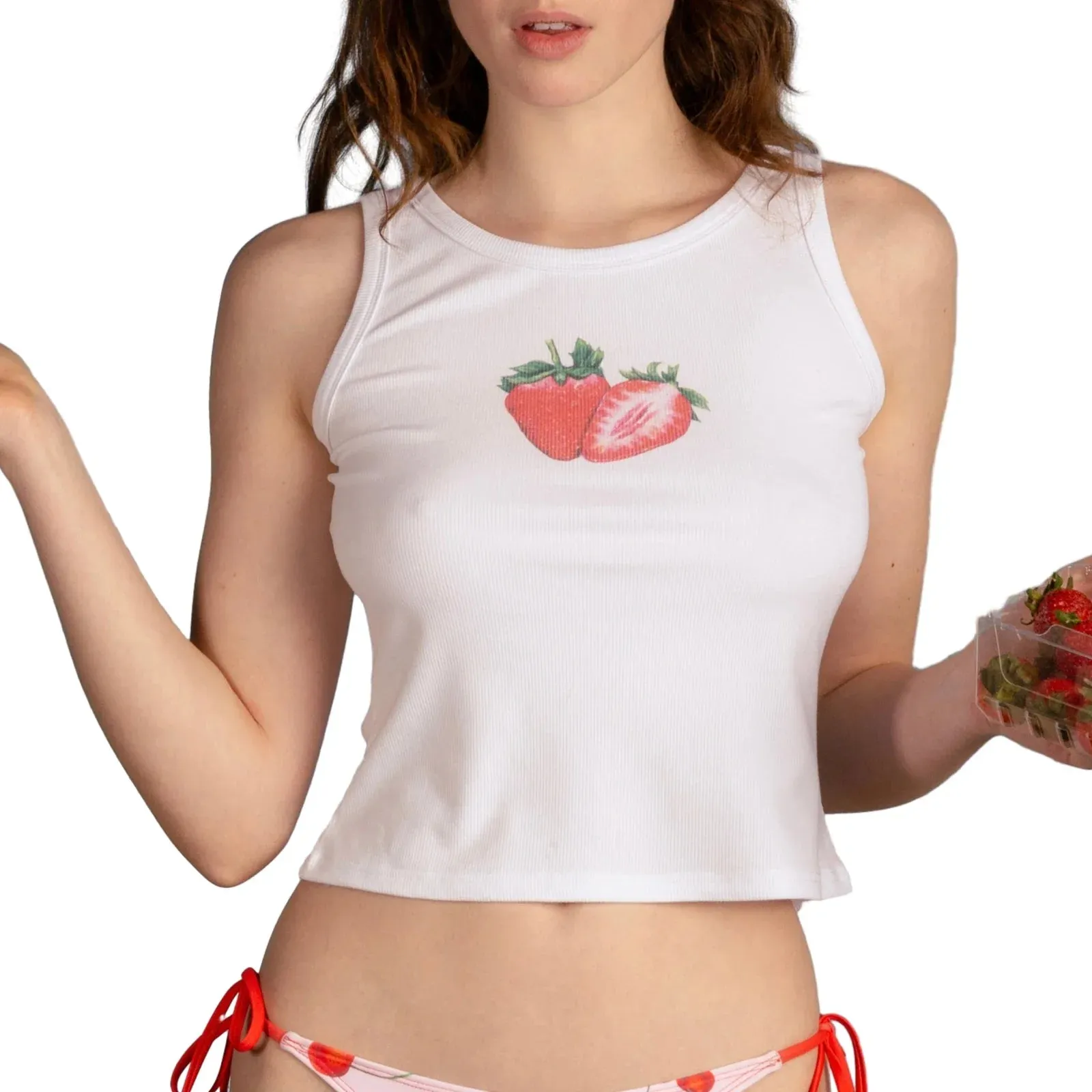 Fruit Print Round Neck Sleeveless Ribbed Streetwear Crop Playful Top