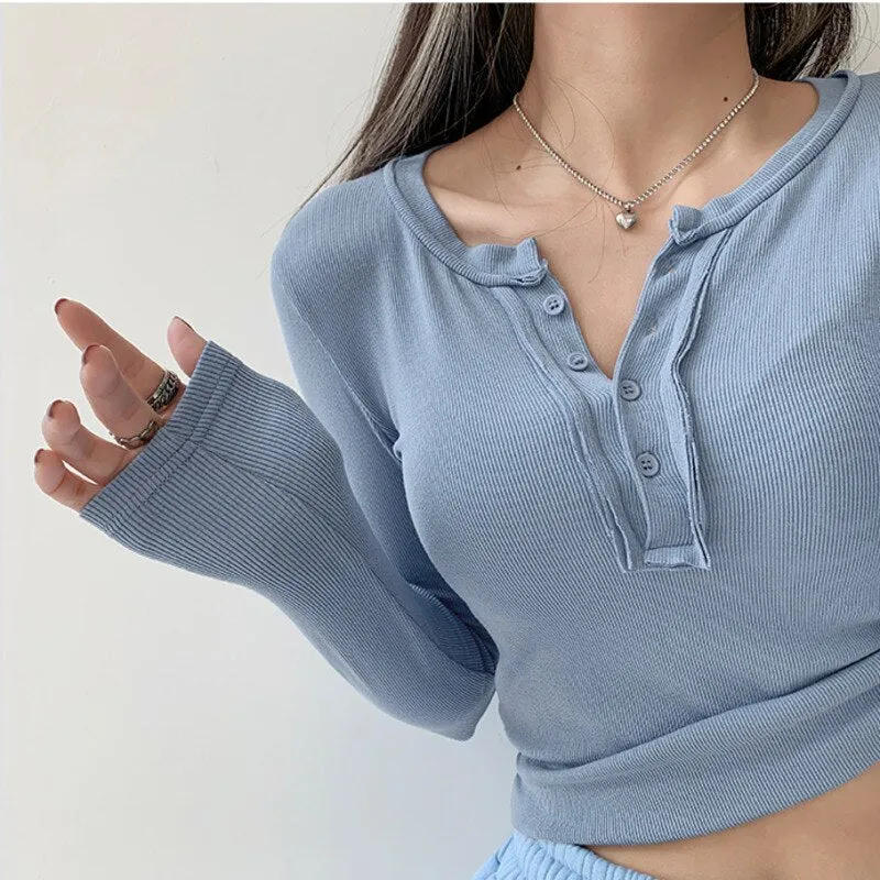 Graduation Gifts  Korean Style Slim Solid Color Bottomed Tops Half Open O-neck Long Sleeve Short Women Open Navel T-shirt Mo2s