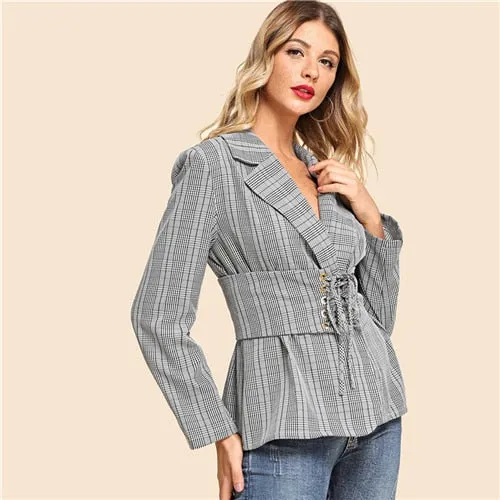 Grey Lace Up Notched Neck Plaid Blazer Casual Elegant Long Sleeve Jacket