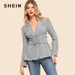 Grey Lace Up Notched Neck Plaid Blazer Casual Elegant Long Sleeve Jacket