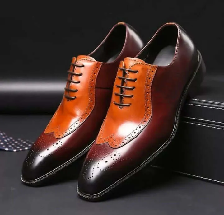 Handmade Brown Tan Color Leather shoes, Men Lace Up Wing Tip Brogue Formal Shoes