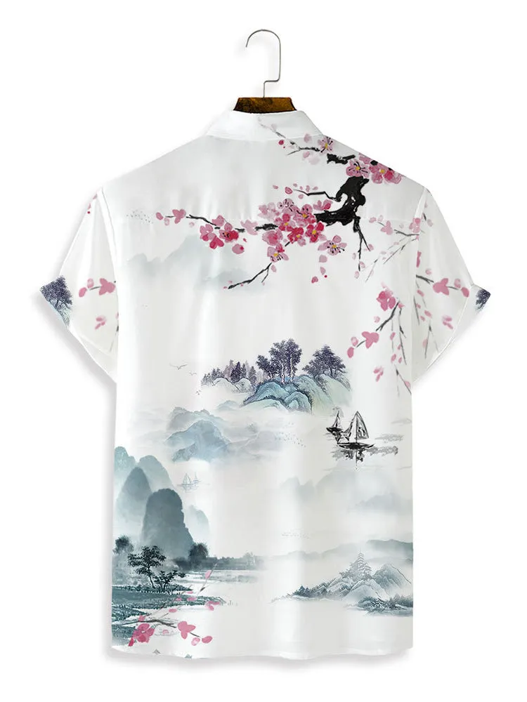 Landscape Print Short Sleeve Lapel Shirt