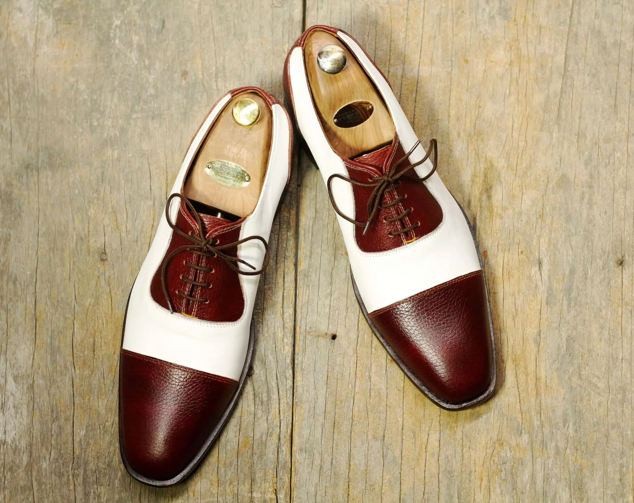 Men's Burgundy White Stylish Lace Up Party Shoes,Handmade Shoes