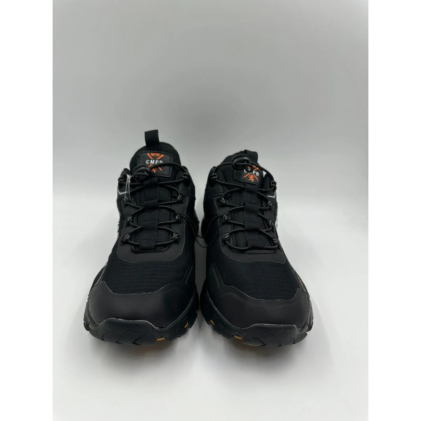 Men's Size 10.5, Black Low Top Sneakers w/ Orange Accents & Cinch Elastic Laces