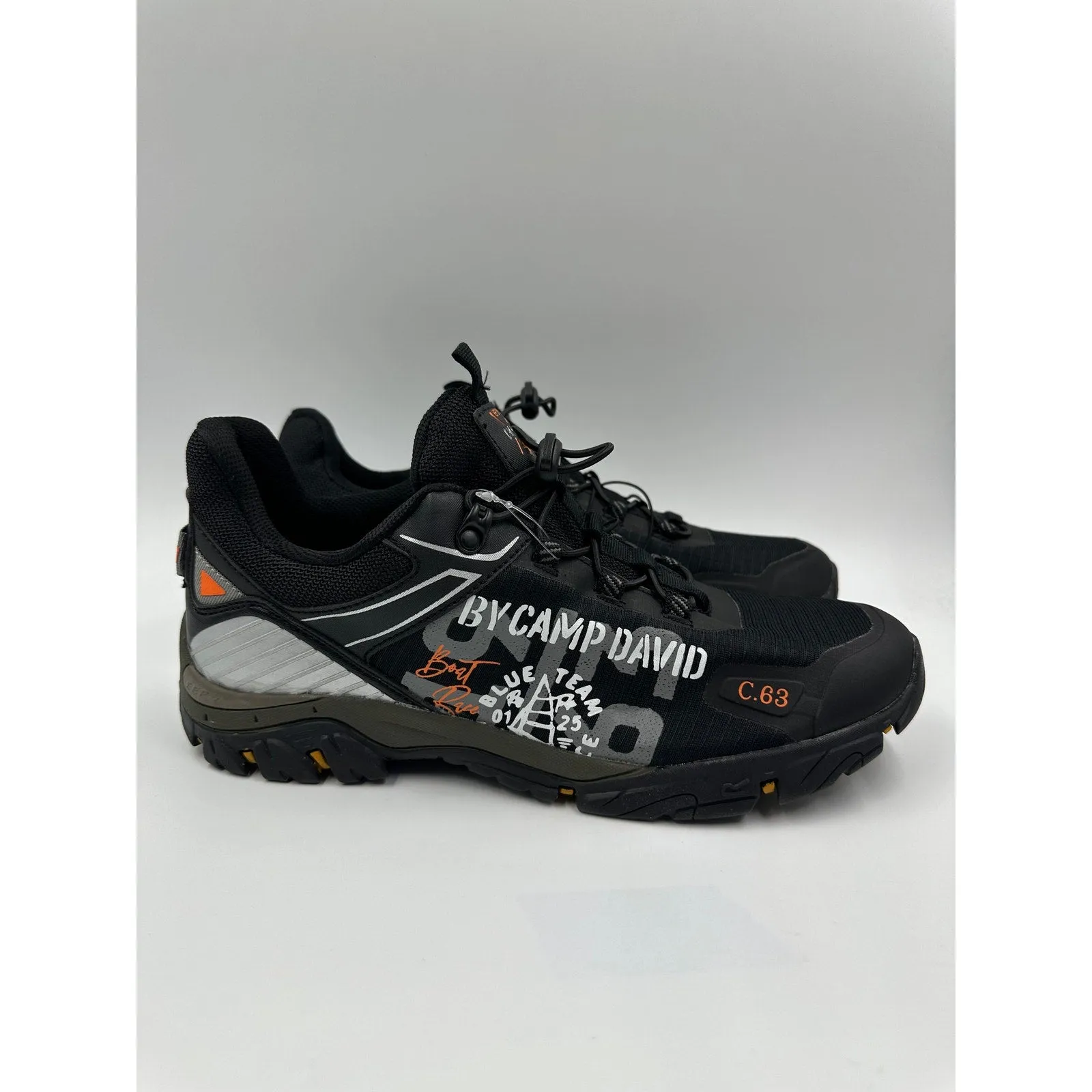 Men's Size 10.5, Black Low Top Sneakers w/ Orange Accents & Cinch Elastic Laces