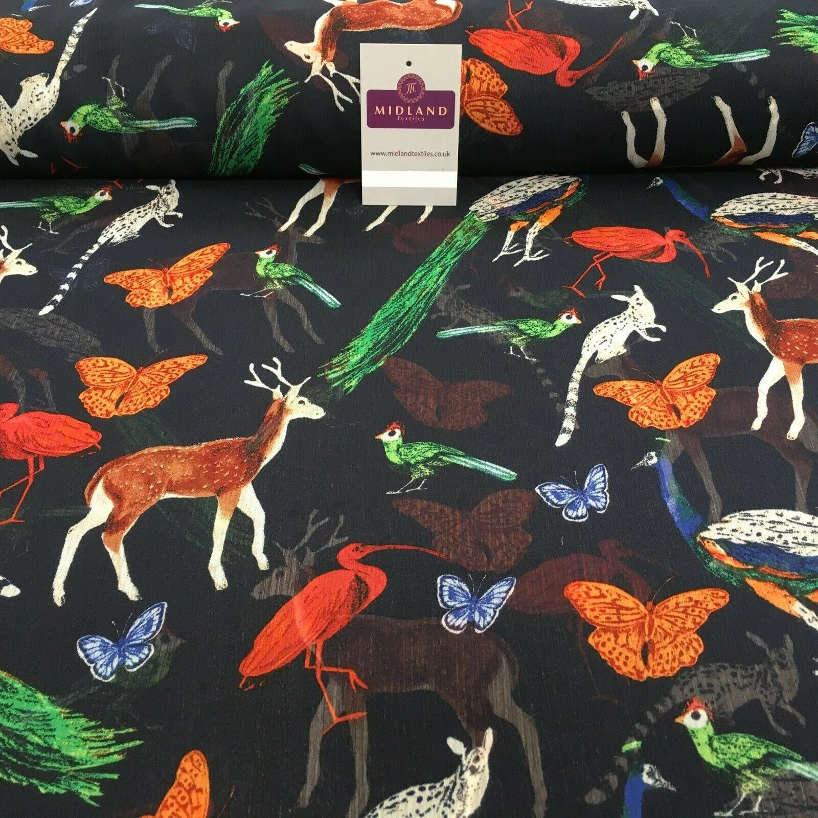 Navy Wildlife Printed High street Chiffon Fabric 150 cm Wide MK1084-10