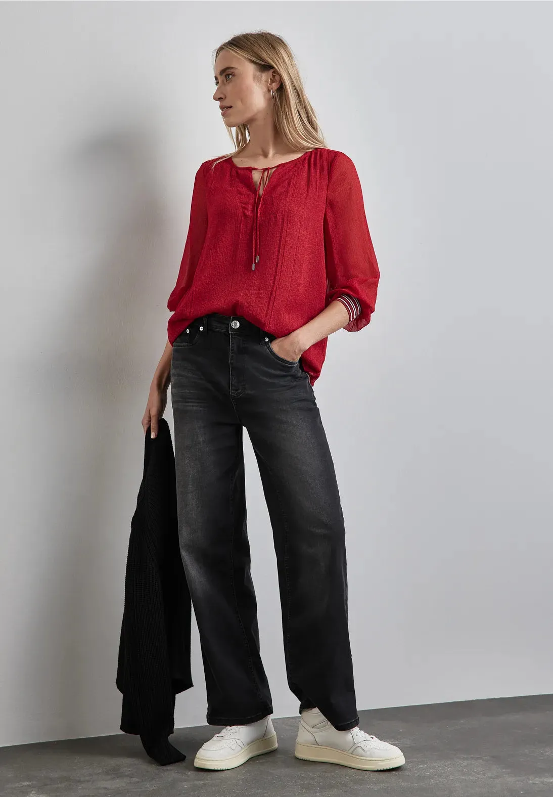 Street One Chiffon Blouse with Lurex cuff and neck tie. Black or red 345118