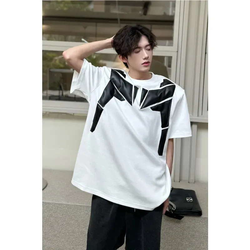 Wiaofellas  -  Summer Fashion Men T-shirts Black White Contrast PU Leather Patchwork Short Sleeve Tops Tees Hip Hop High Street Clothing