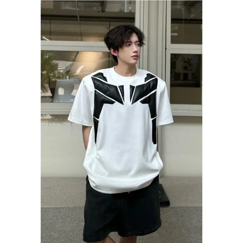 Wiaofellas  -  Summer Fashion Men T-shirts Black White Contrast PU Leather Patchwork Short Sleeve Tops Tees Hip Hop High Street Clothing