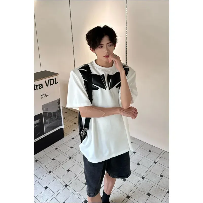 Wiaofellas  -  Summer Fashion Men T-shirts Black White Contrast PU Leather Patchwork Short Sleeve Tops Tees Hip Hop High Street Clothing