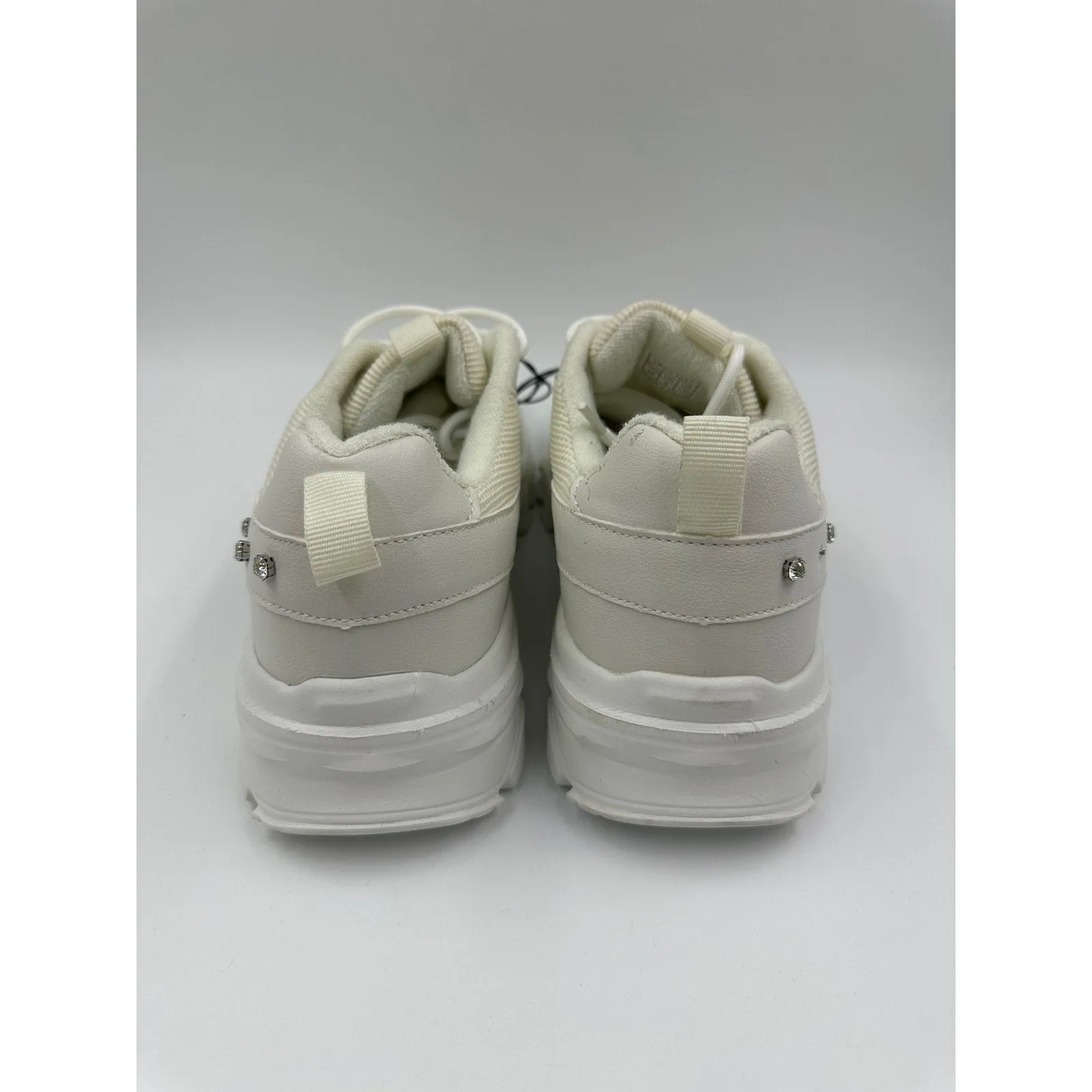 Women's Size 11.5, All White Chunky Sneakers w/ Diamond Studs on the Upper Sole