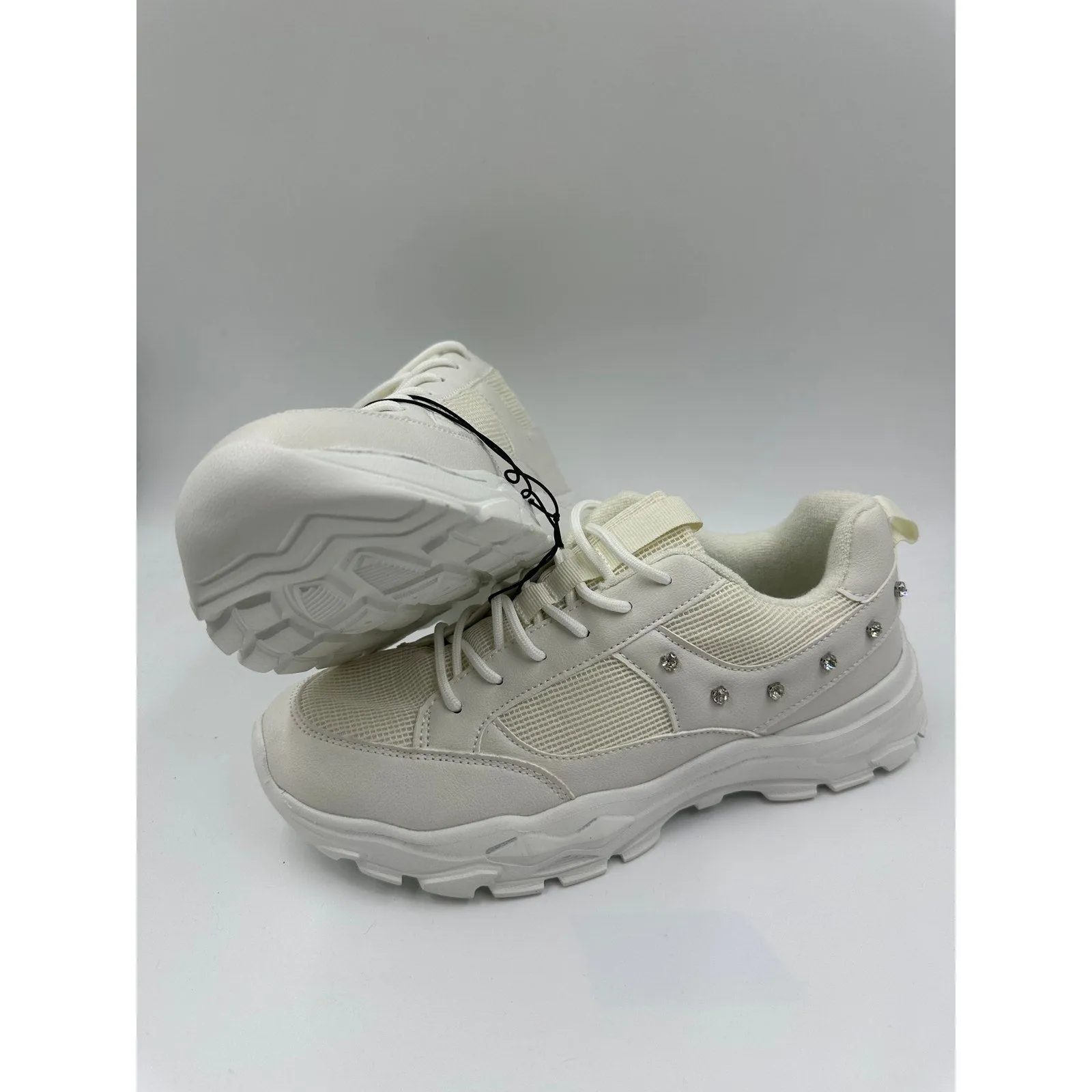 Women's Size 11.5, All White Chunky Sneakers w/ Diamond Studs on the Upper Sole