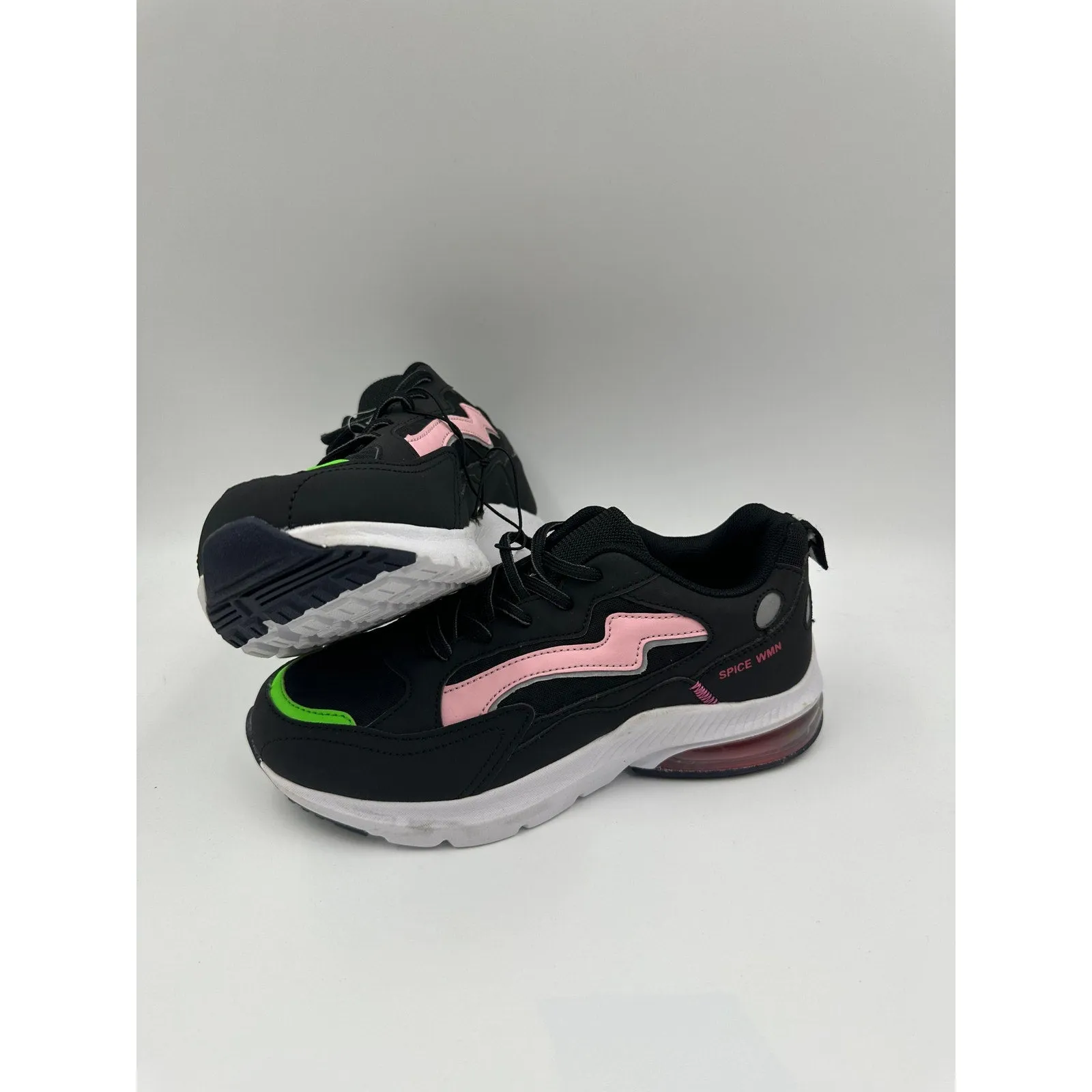 Women's Size 6, Black Casual Sneakers w/ Lime Green & Baby Pink Accents