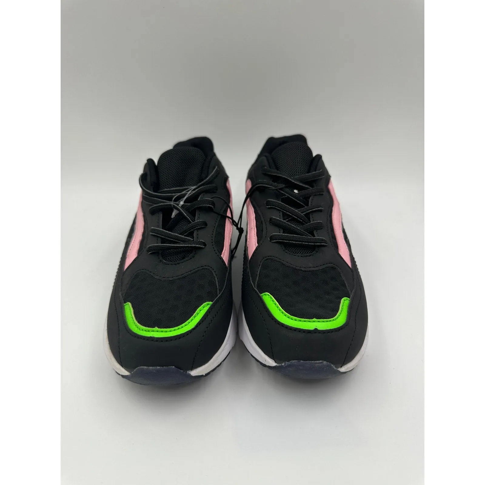 Women's Size 6, Black Casual Sneakers w/ Lime Green & Baby Pink Accents