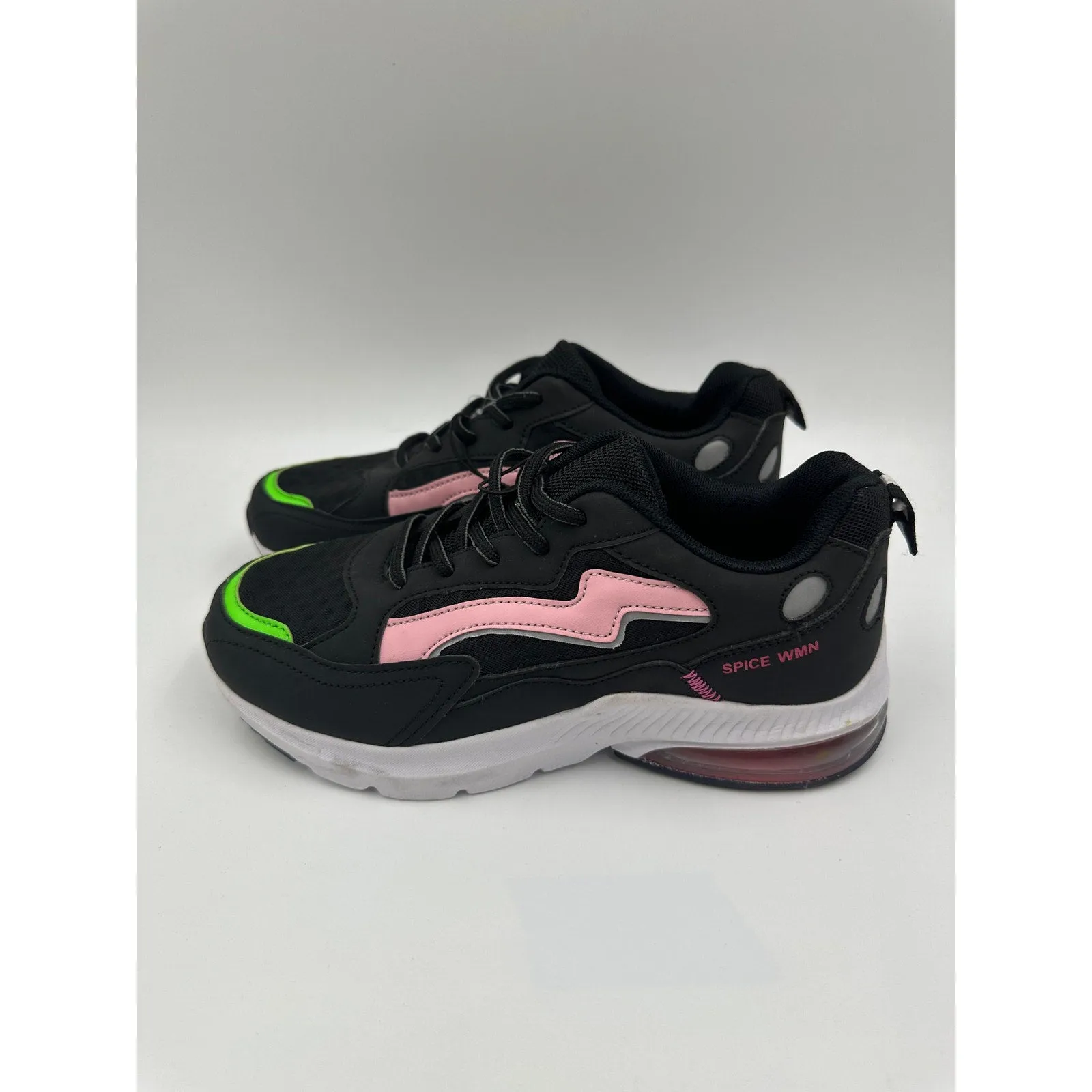 Women's Size 6, Black Casual Sneakers w/ Lime Green & Baby Pink Accents