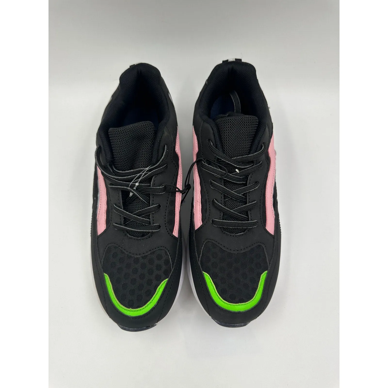 Women's Size 6, Black Casual Sneakers w/ Lime Green & Baby Pink Accents