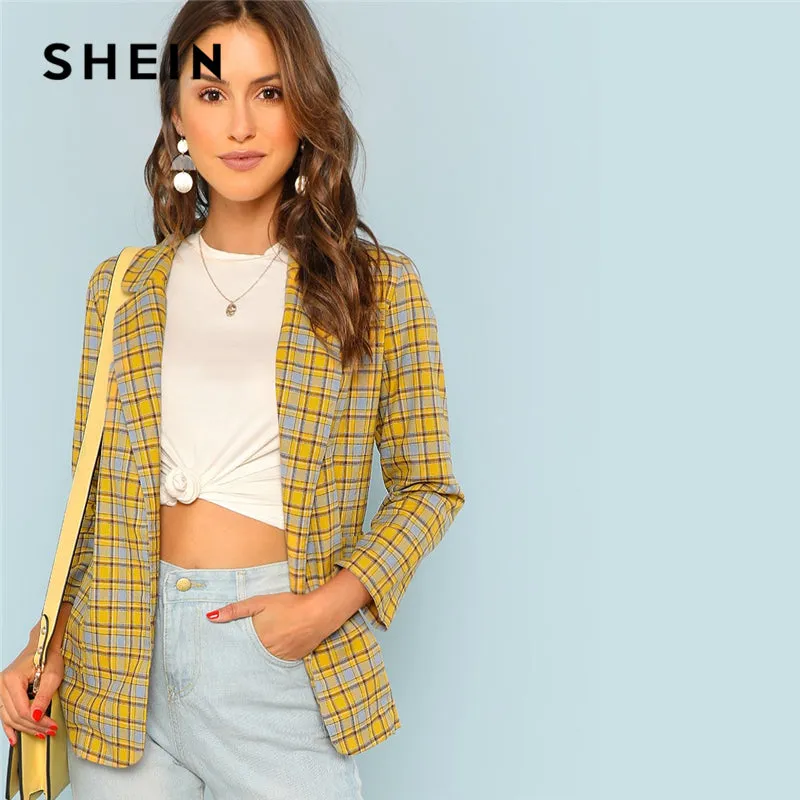 Yellow Office Lady Elegant Notch Collar Pocket Front Plaid Longline Highstreet Blazer