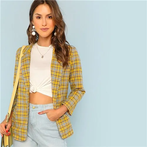 Yellow Office Lady Elegant Notch Collar Pocket Front Plaid Longline Highstreet Blazer